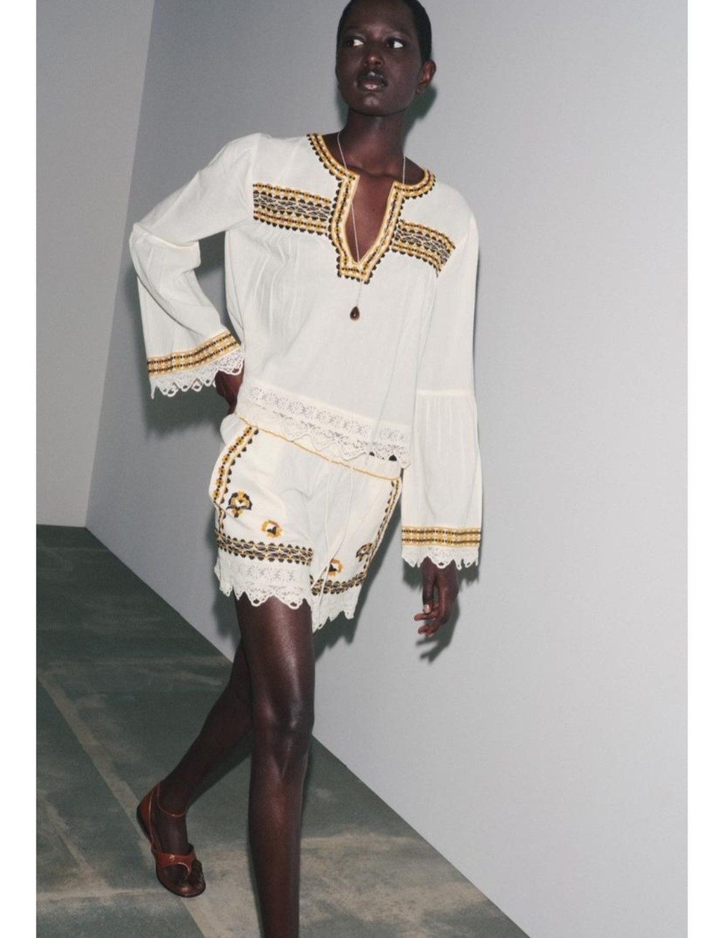 Zara Cream Shorts with Gold and Black Embroidery